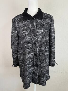 IC by Connie K Black Silver Swirl Button Front Jacket Women's XL Artsy Retro